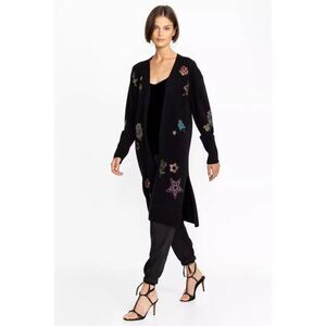 Johnny Was Ladie Rhinestone Wool Cashmere Black Open Cardigan Medium